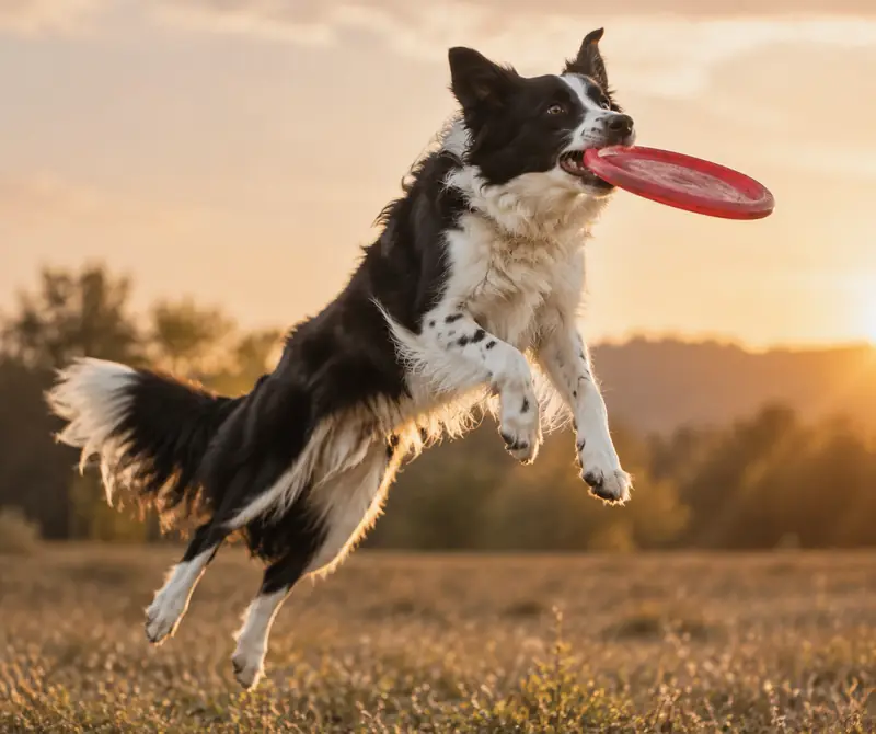 A border collie catching a frisbee