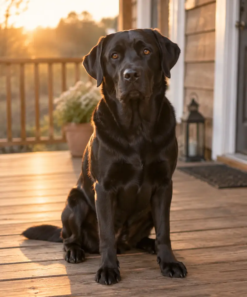 A black labrador on a porch
